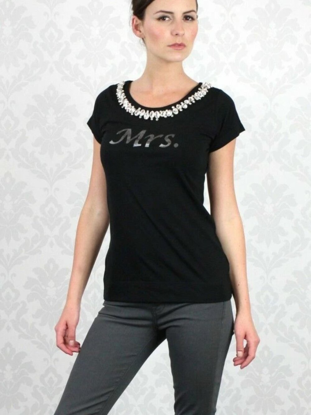 MRS Bride TShirt Hers BLACK Honeymoon Top Bridal Shower Swarovski Crystal NEW